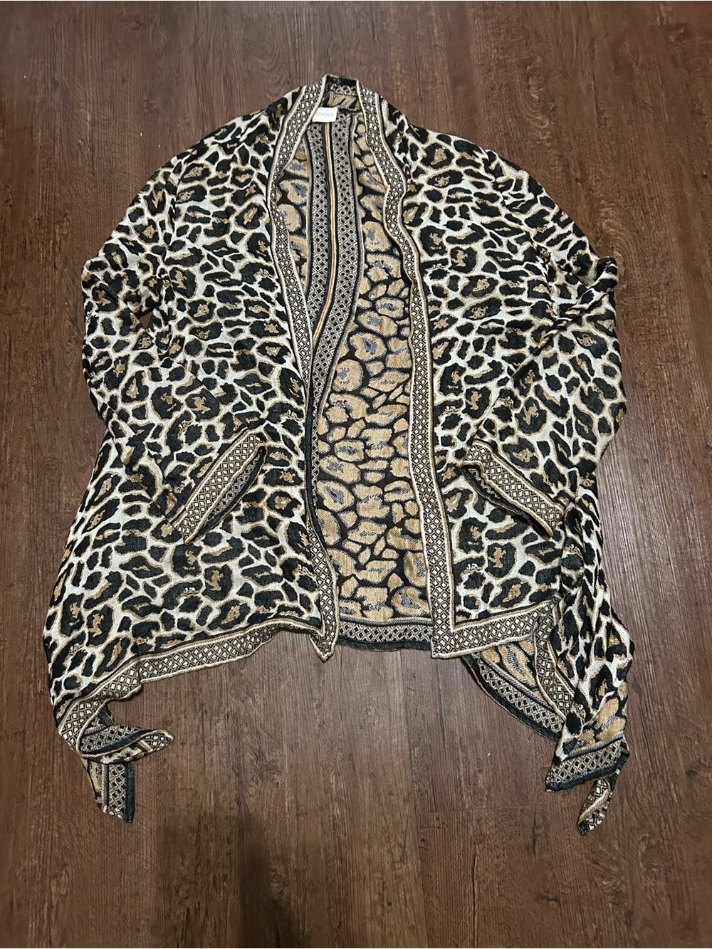 Chico's Black, Cream & Tan Patterned Open Cardigan